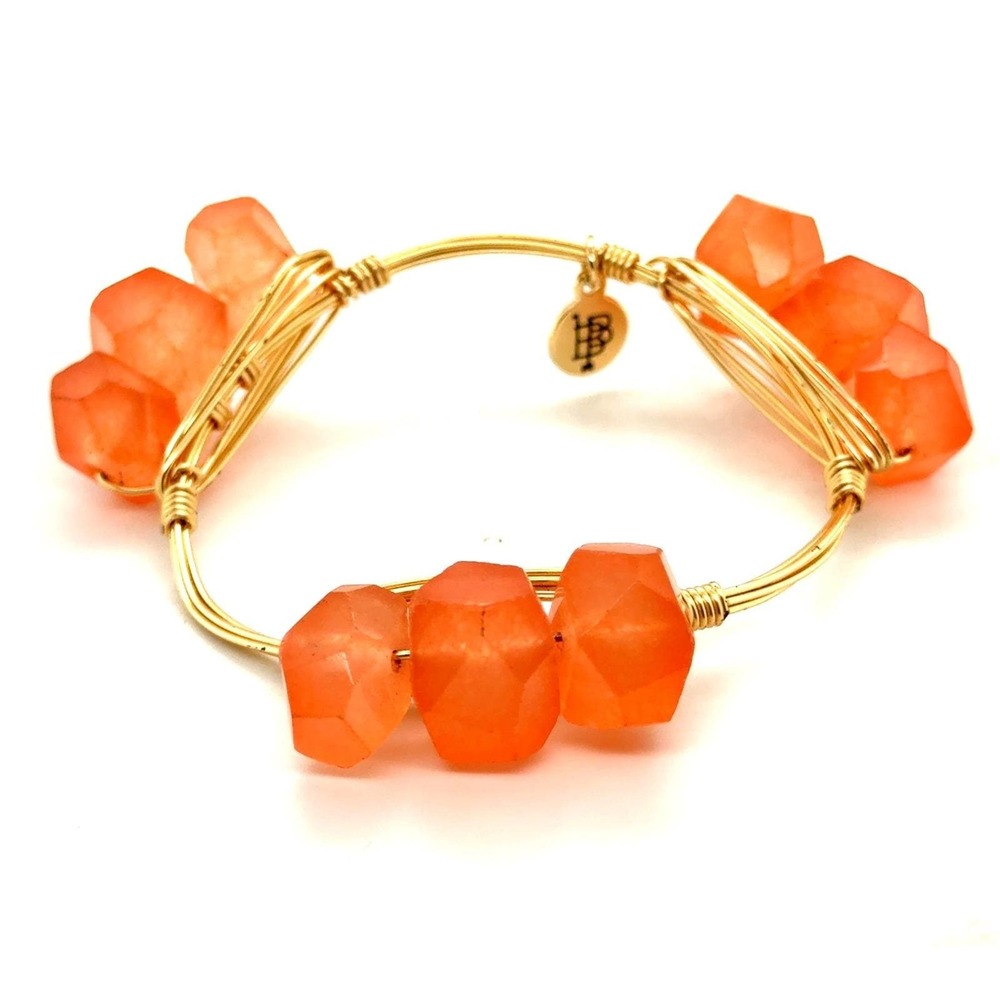 Bourbon and Bowties Orange Stone Gold Tone Wire Wrapped Bangle Bracelet 7 Inch